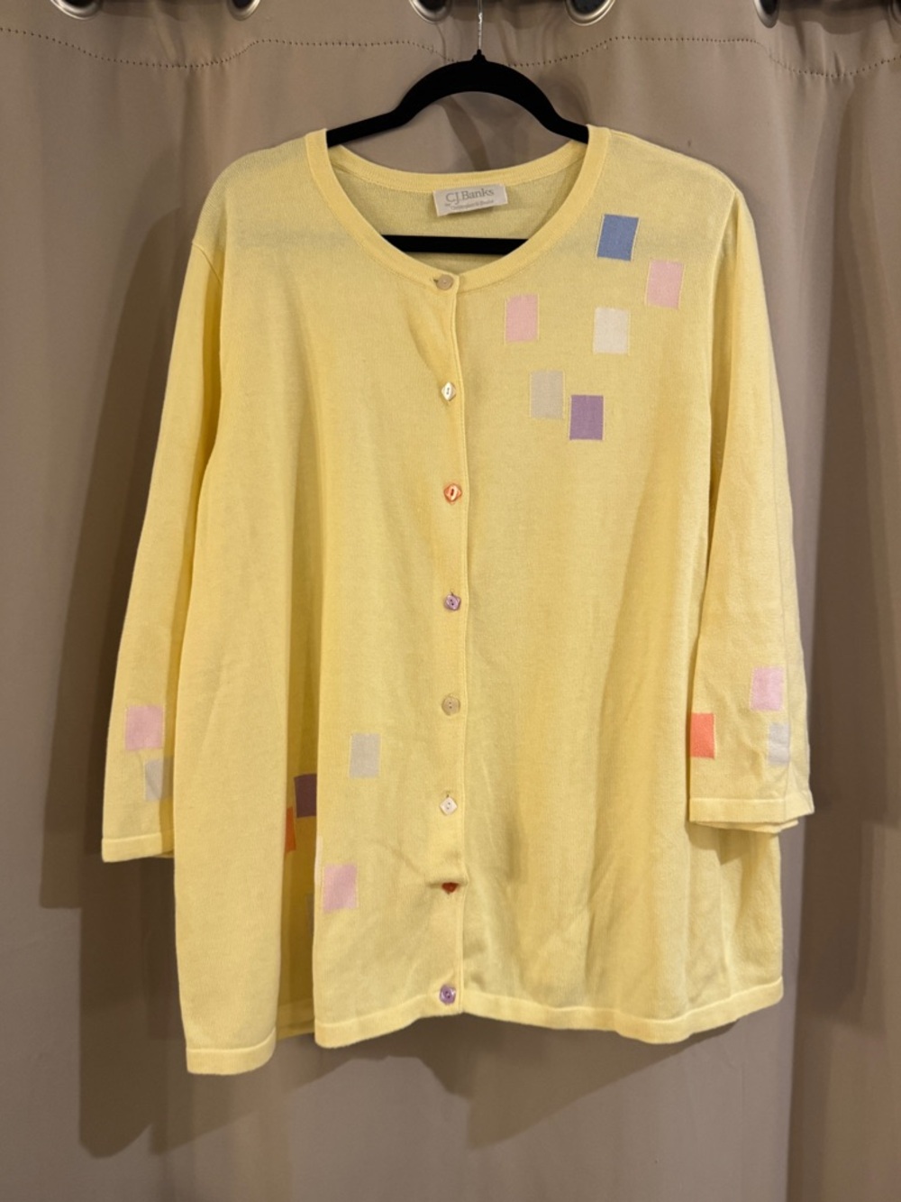 CJ Banks Pastel Yellow Cardigan with Multicolor Square Accents